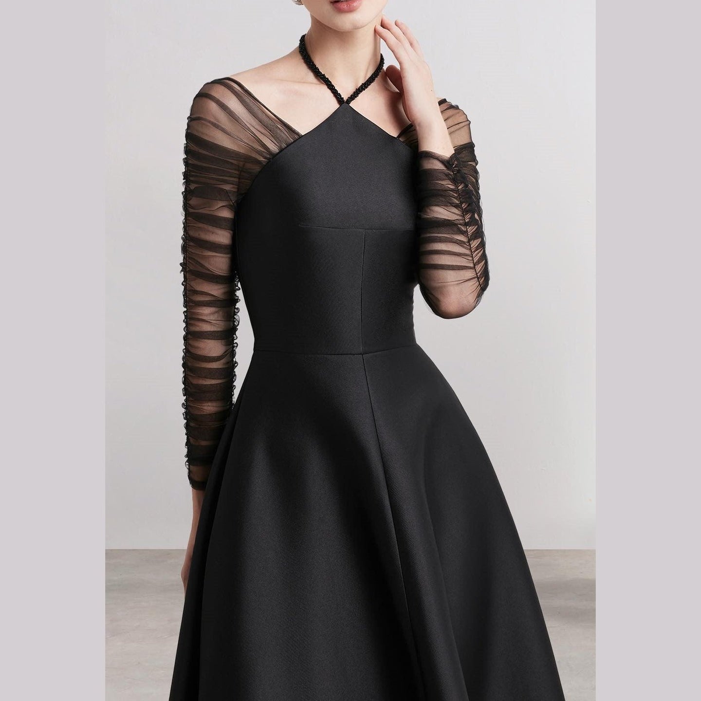 Halter Neck Dress black gown wedding guest dress, lace sheer mesh sleeve - Cielie 